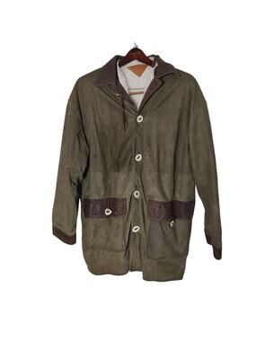 Du Sault Men's Sz XXL Green Suede Coat Sherpa Fleece Lining Antler Bone Buttons